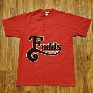 Vintage 90s Fuddruckers Henley Shirt Adult Medium Red Fudds #66 Graphic